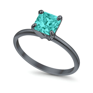 Solitaire Wedding Ring Princess Cut Black Tone, Simulated Paraiba Tourmaline CZ 925 Sterling Silver